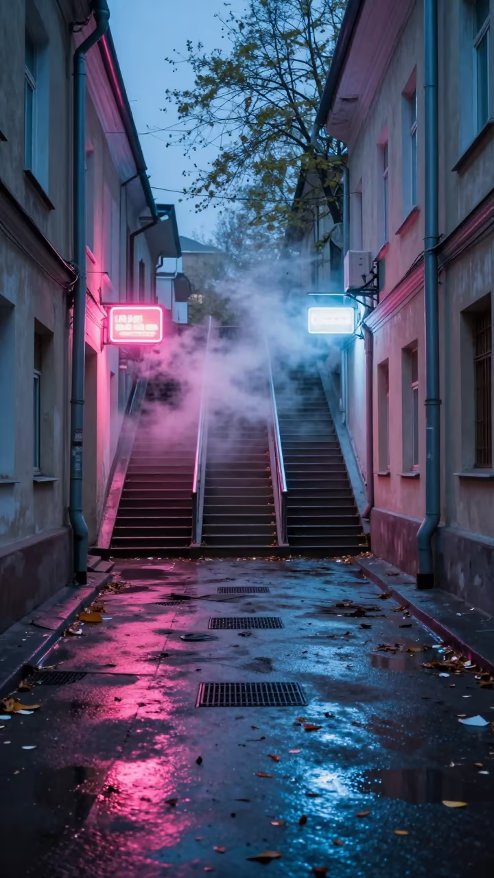 Neon Back Alley Staircase Kazan in outside a fluorescent convenience store in Kazan