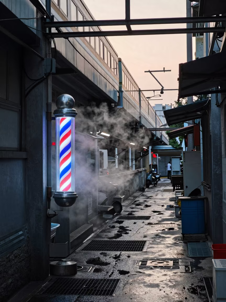 Neon Barber Pole Spinning Under Elevated Train Jinan in under an elevated train line in Jinan