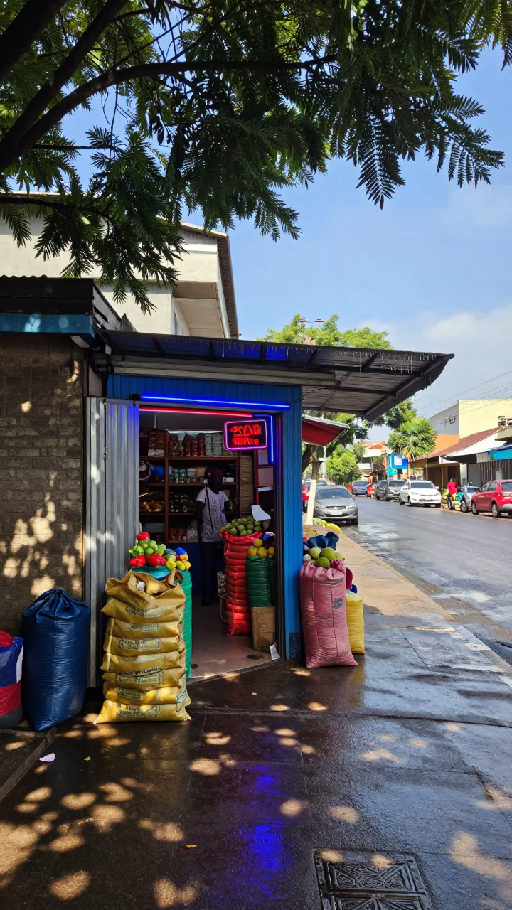 Neon Bodega Door Rain Street Corner Arua in along a market-lined side street in Arua