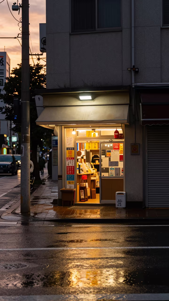 Neon Bodega Door Rain Tokyo Golden Hour in beneath a flickering underpass light in Tokyo