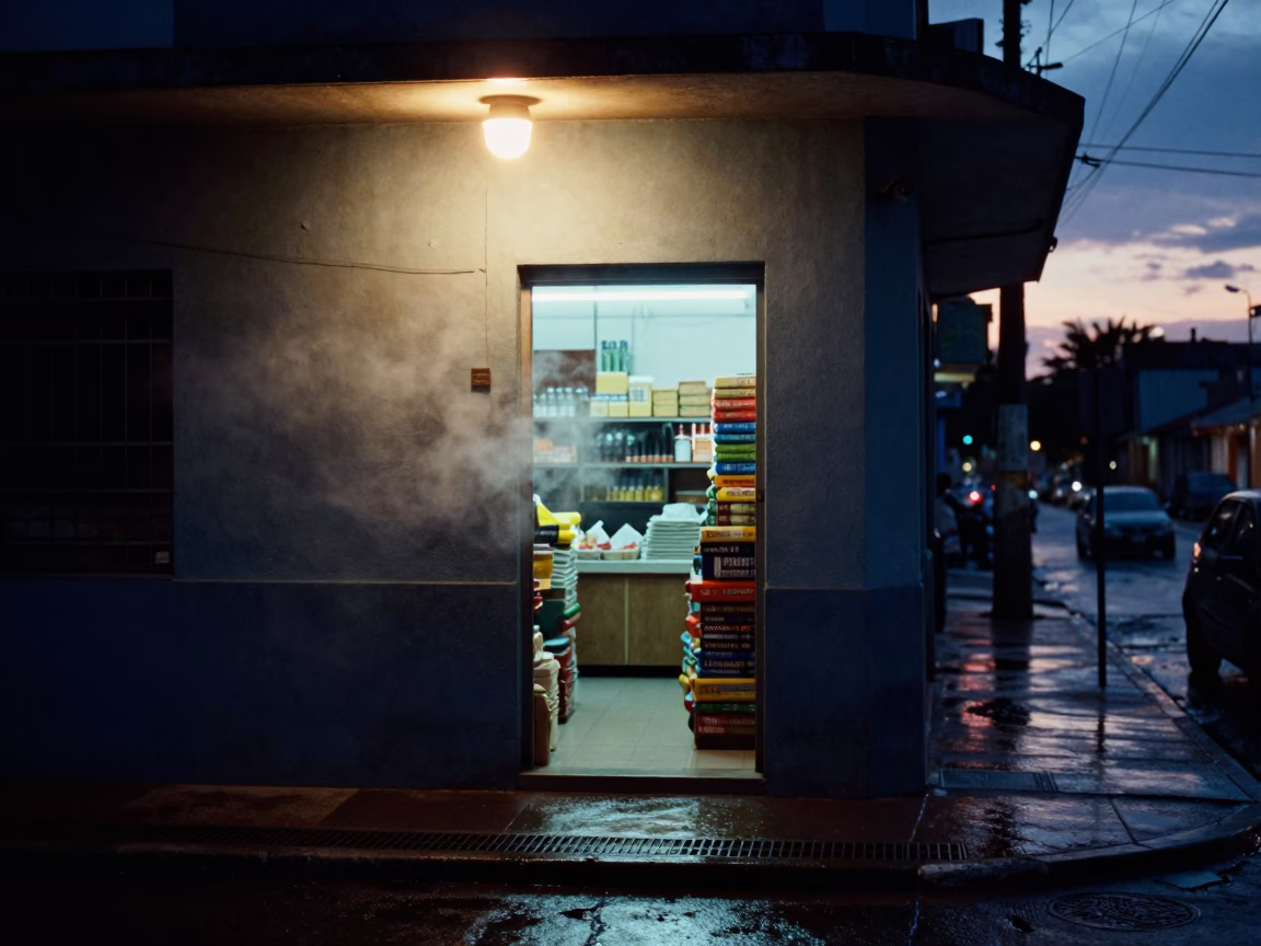 Neon Bodega Door Spills Light on Rainy Recife Street in beneath a flickering underpass light in Recife