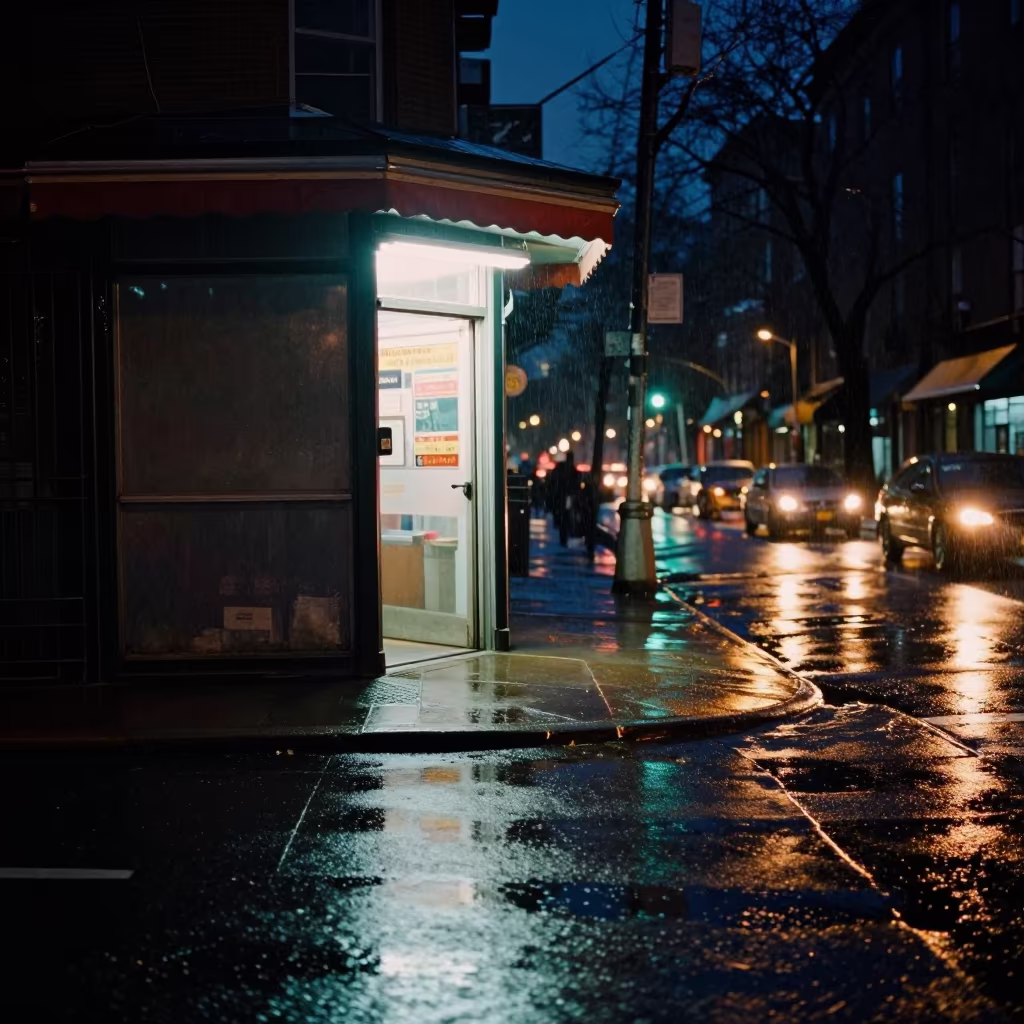 Neon Bodega Light on Rainy Jamaica Plain Street in by a rain-darkened kiosk in Jamaica Plain, Boston