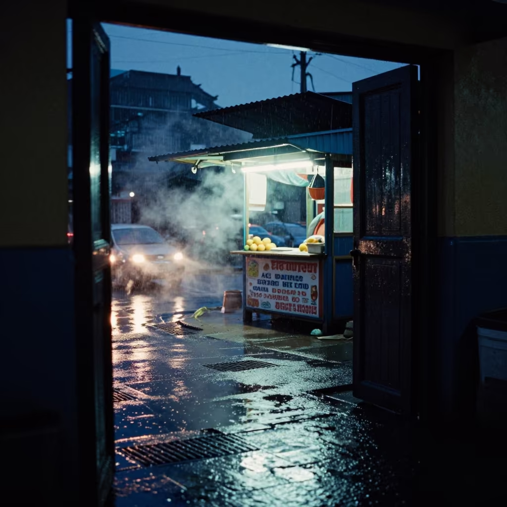 Neon Bodega Light on Rainy Wolaita Sodo Street in by a rain-darkened kiosk in Wolaita Sodo