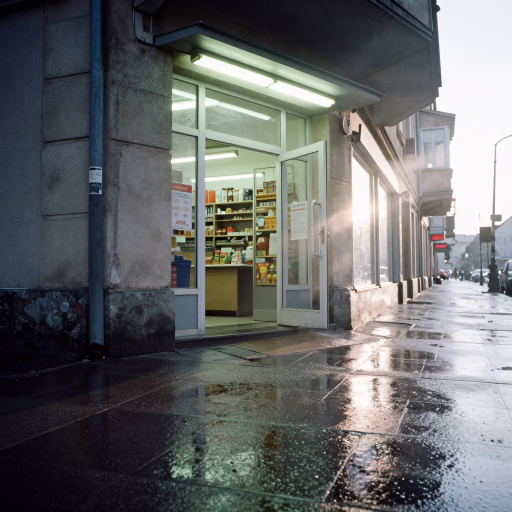 Neon Bodega Light Spills on Wet Lodz Street in outside a fluorescent convenience store in Lodz