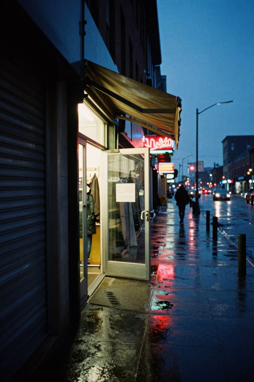 Neon Bodega Light on Winter Rain Street in along a shuttered arcade in Ottawa