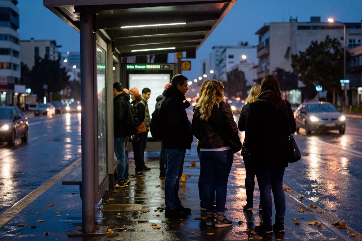 Neon Bus Stop Queue Under Twilight Rain in beneath a flickering underpass light in Rishon LeZion