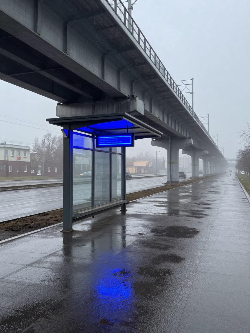Neon Bus Stop Reflection in Novosibirsk Dawn in under an elevated train line in Novosibirsk
