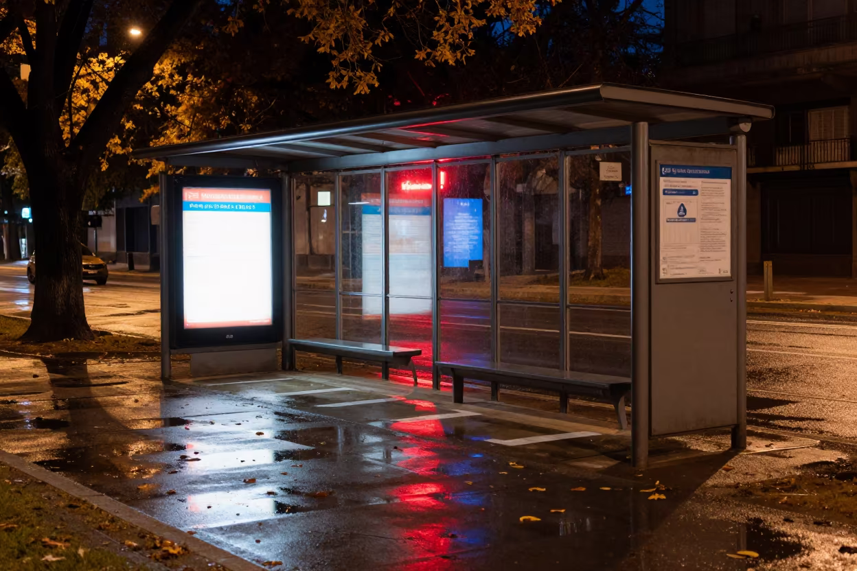 Neon Bus Stop Reflections in Autumn Puddles in outside a metro entrance in Mar del Plata