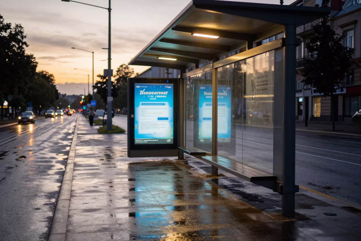 Neon Bus Stop Reflections in Debrecen Puddles in beneath a flickering underpass light in Debrecen