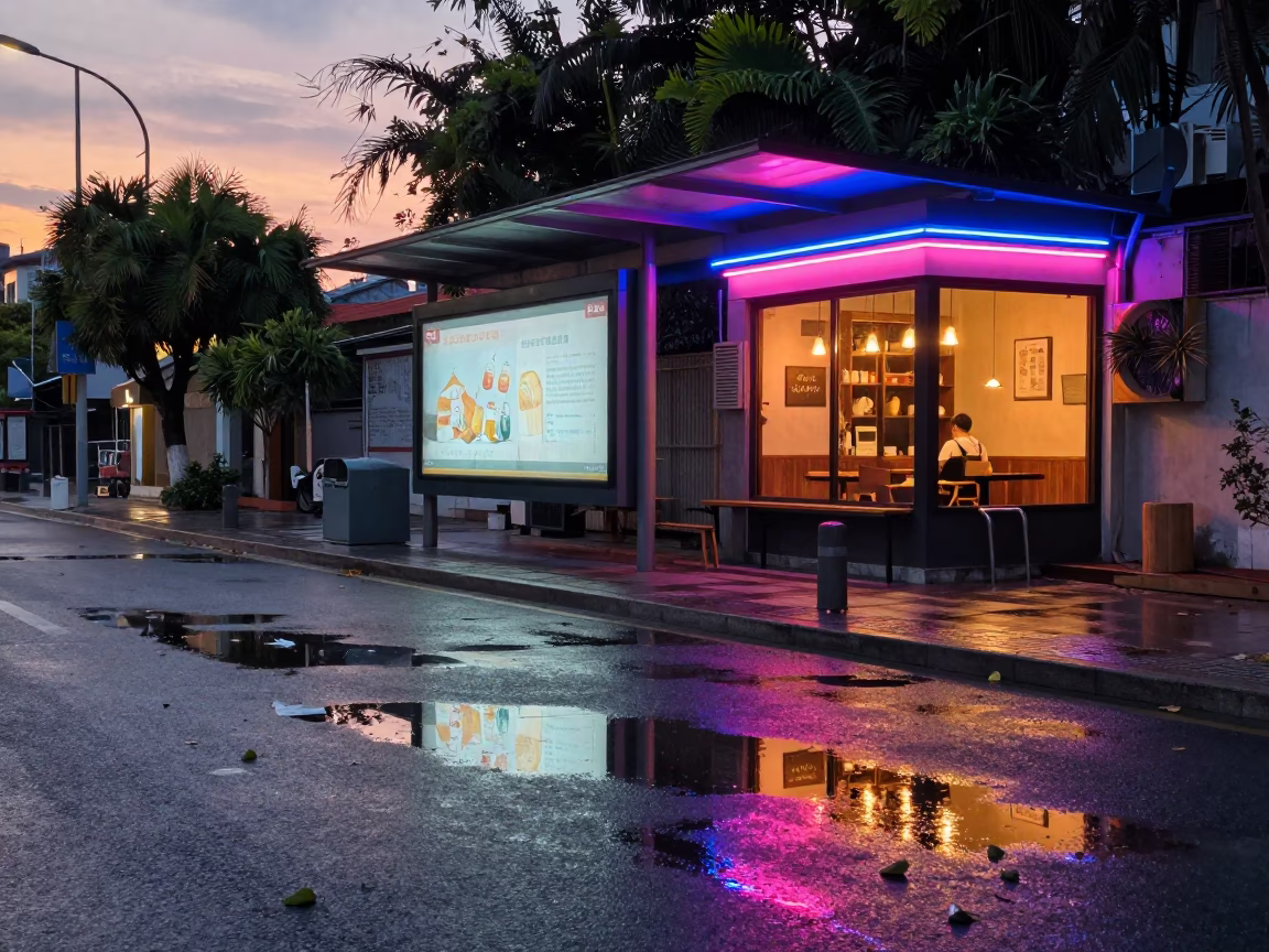 Neon Bus Stop Reflections in Xiamen Storm Puddles in outside a corner cafe in Xiamen