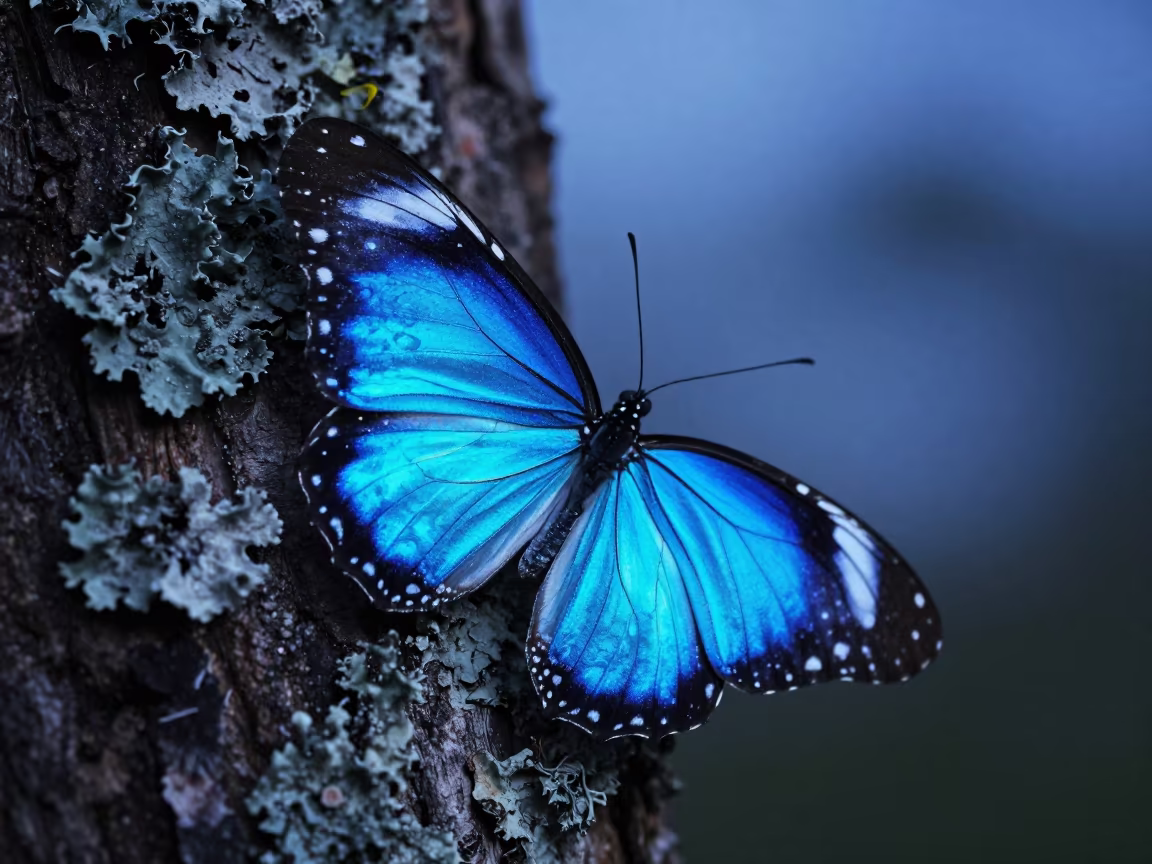 Neon Butterfly Wing on Lichen Bark Twilight in on lichen-covered bark in Nanchang