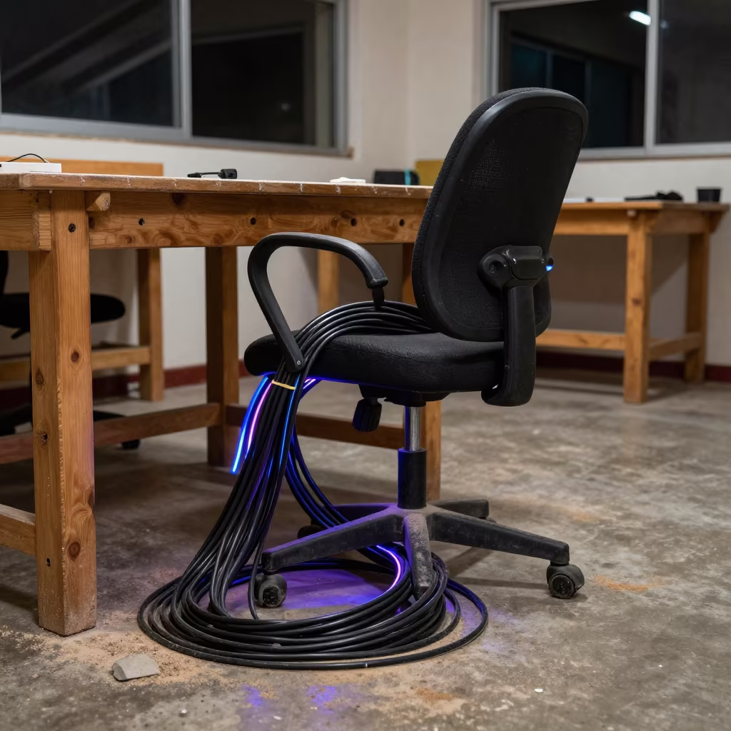 Neon Lit Cable Bundle Under Chair in Woodshop in in a woodshop classroom in Irapuato
