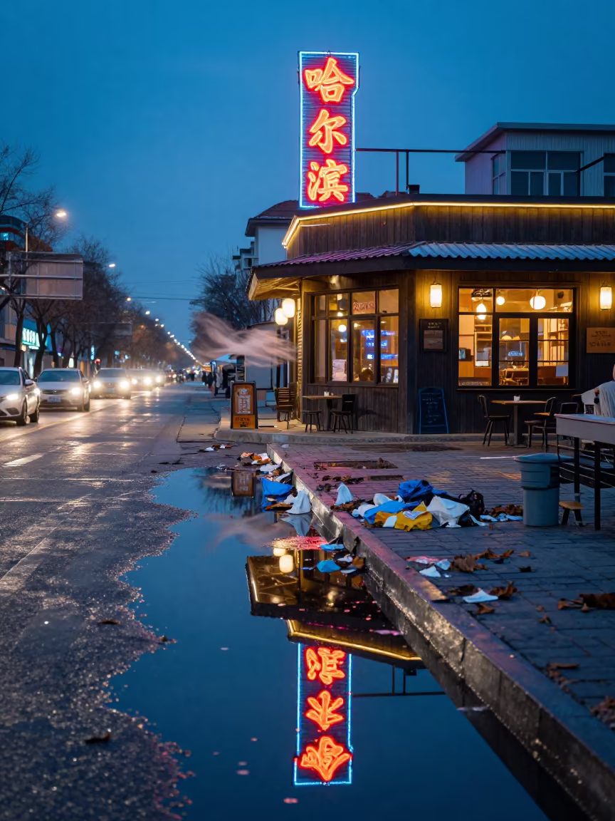 Neon Cafe Reflection in Harbin Winter Puddle in outside a corner cafe in Harbin