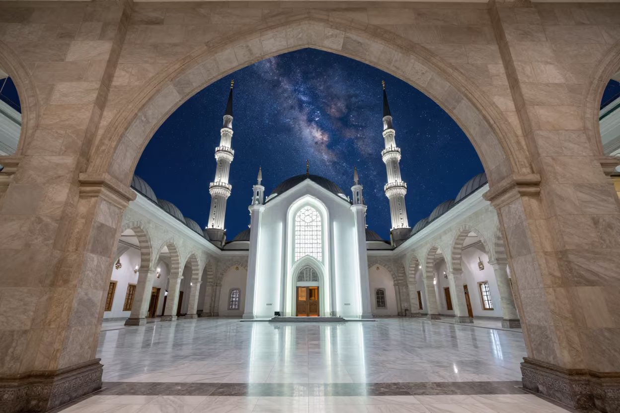 Neon Cathedral Mosque Night Sky in in a mosque prayer hall in Florianopolis