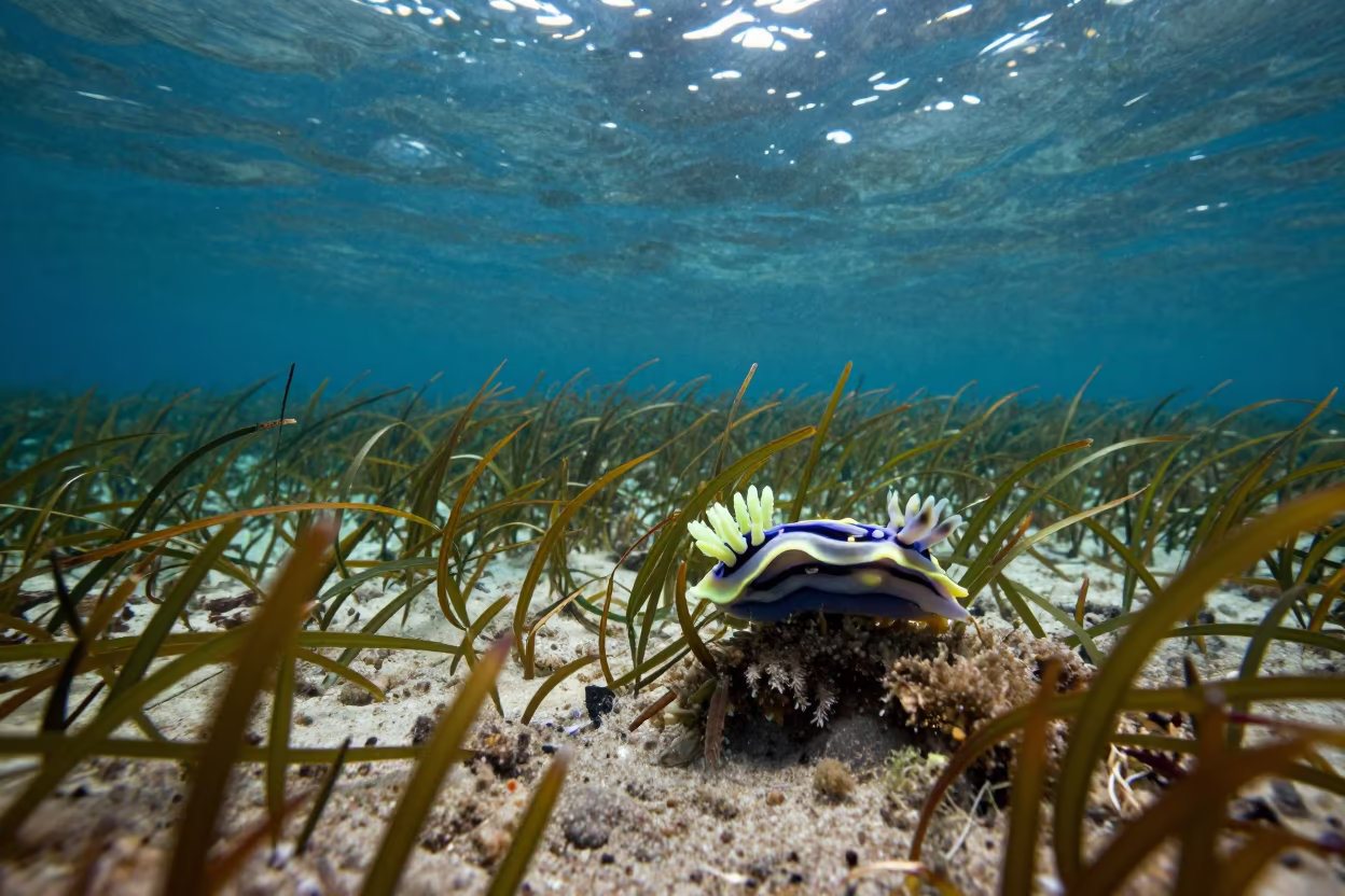 Neon Cerata Sea Slug Over New Zealand Seagrass in above a seagrass meadow in New Zealand