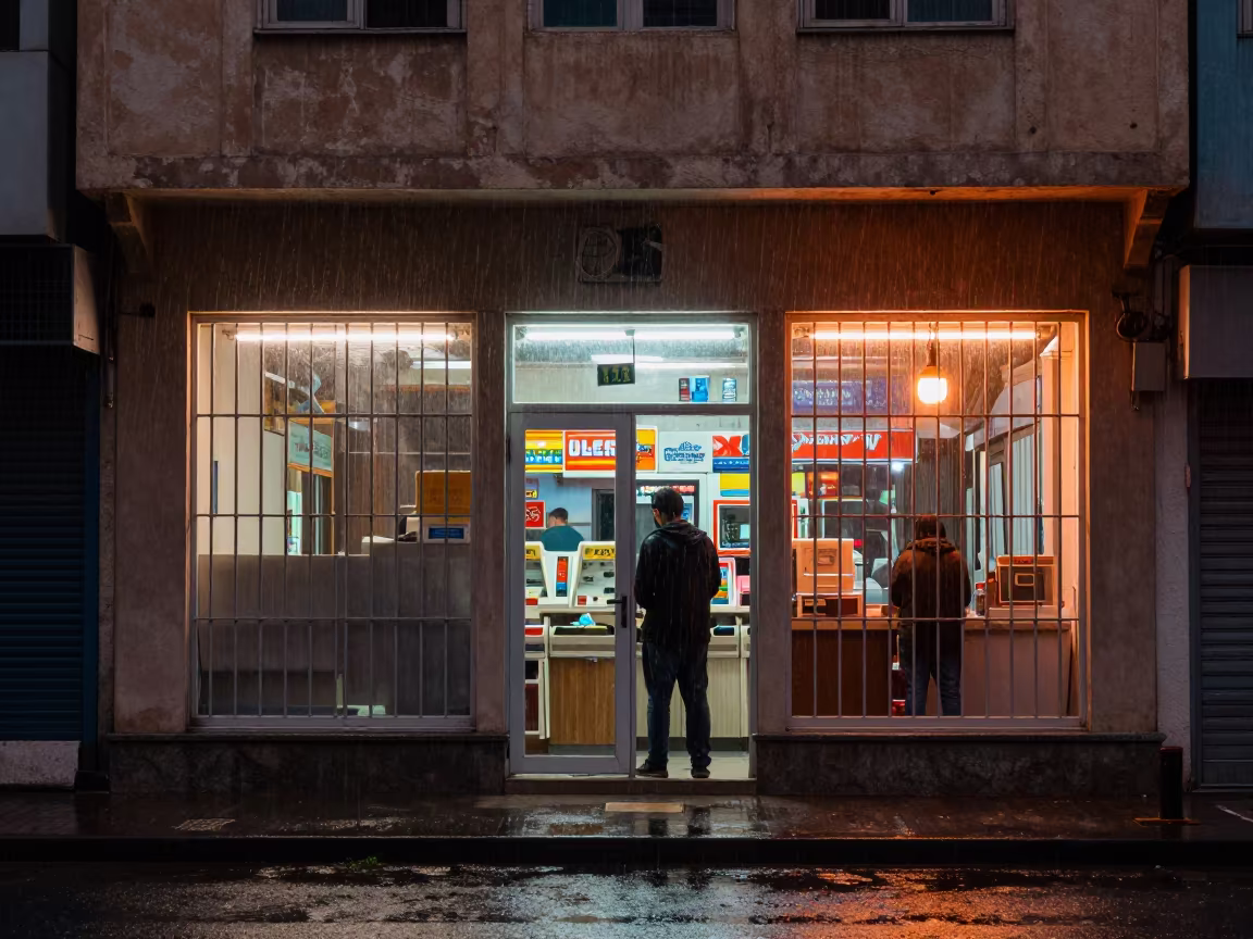 Neon Check Cash Storefront in Kuwait City Rain in along a shuttered arcade in Kuwait City