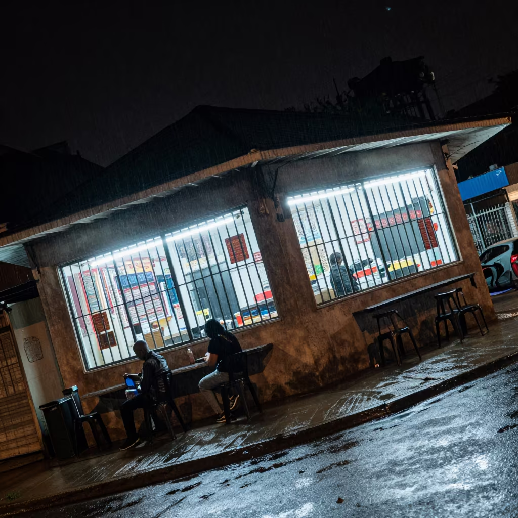 Neon Check Cashing Storefront Night Drizzle in outside a corner cafe in Umuahia