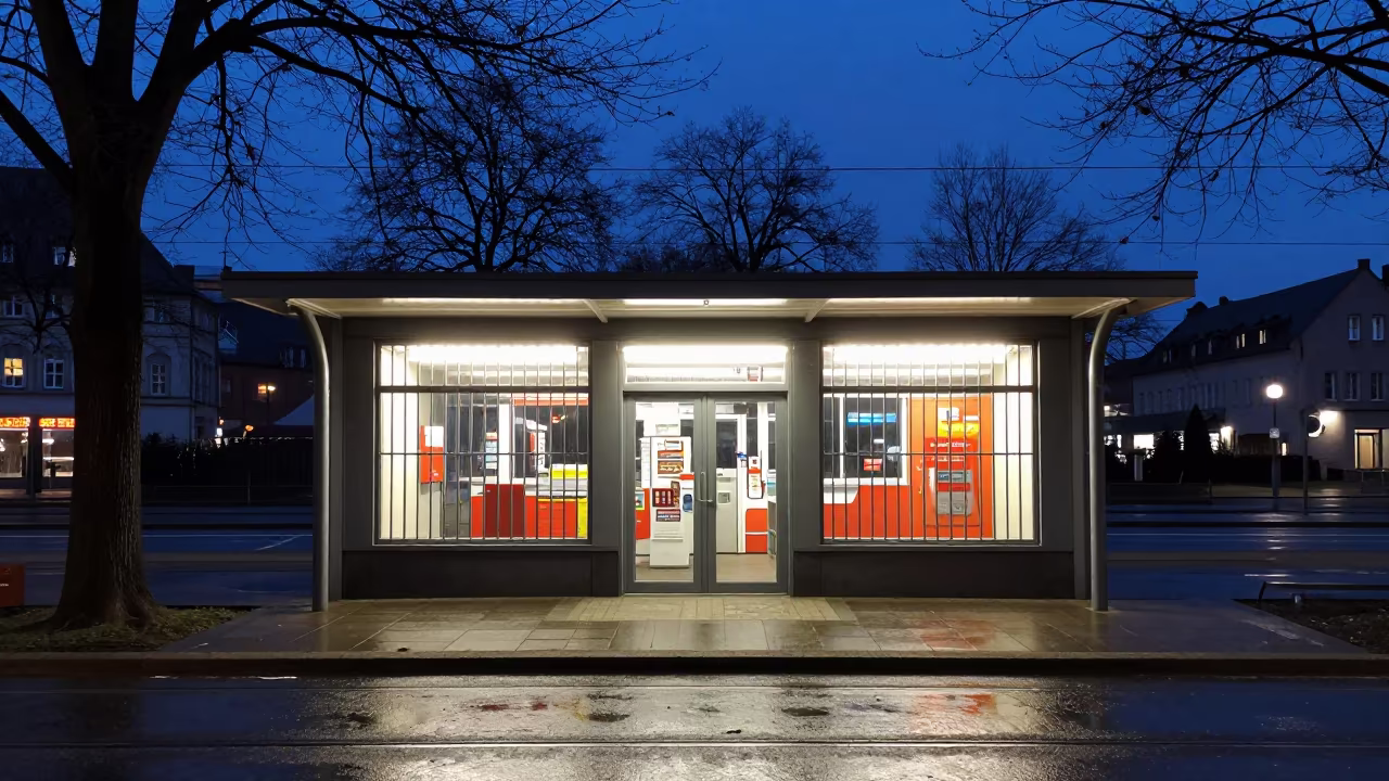 Neon Check Cashing Storefront Tram Stop Nuremberg in at a tram stop in Nuremberg