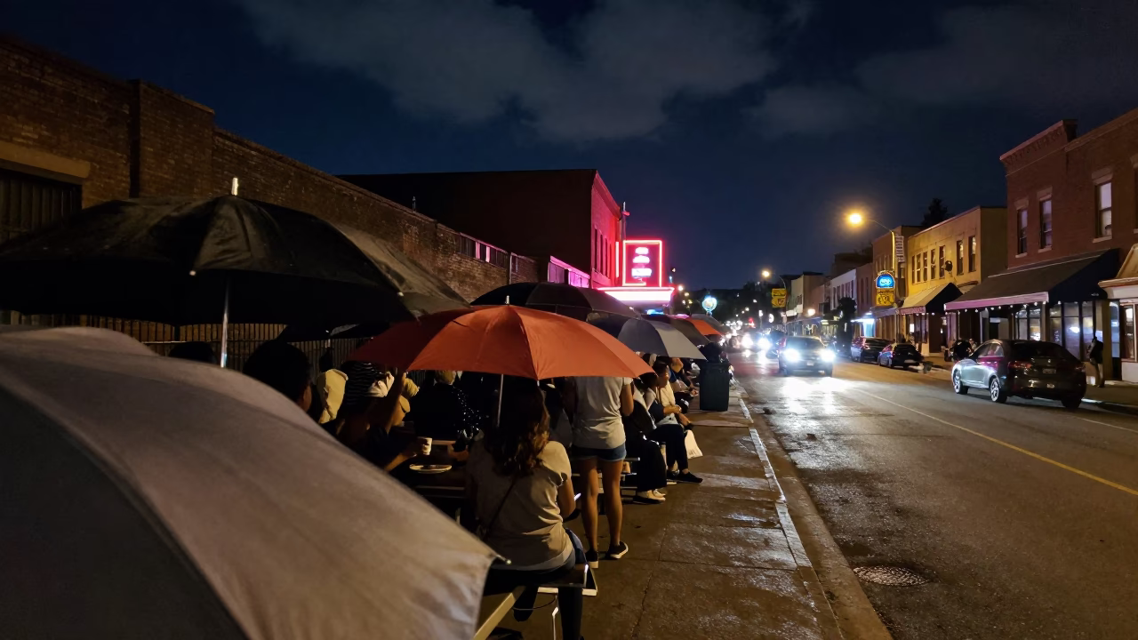 Neon Cinema Queue Under Umbrellas Buffalo Night in along a market-lined side street in Buffalo