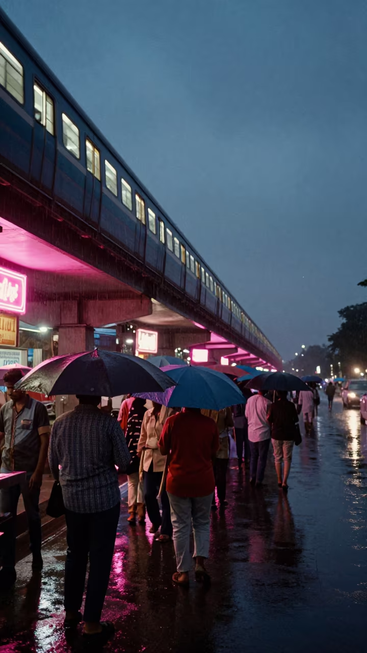 Neon Cinema Queue Under Umbrellas Bidar Night in under an elevated train line in Bidar