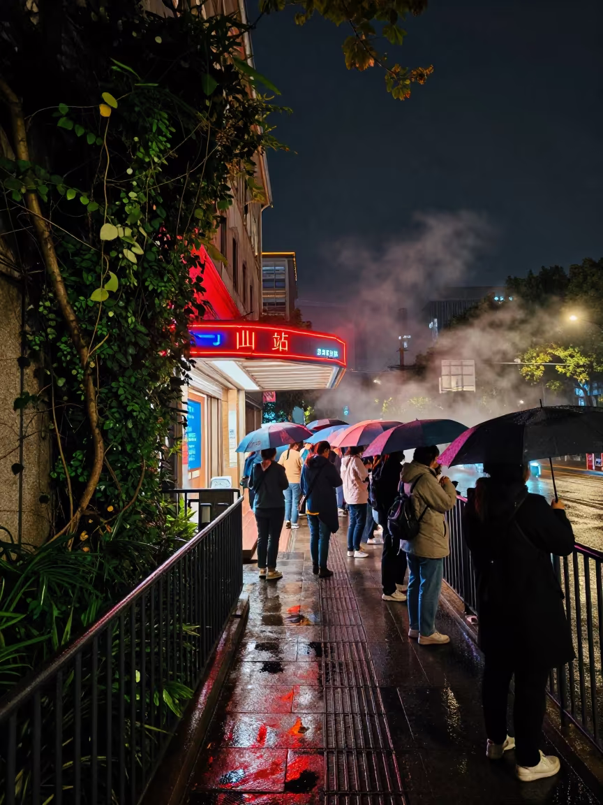 Neon Cinema Queue Vines Overgrowth Shanghai in outside a metro entrance in Moganshan Road, Shanghai
