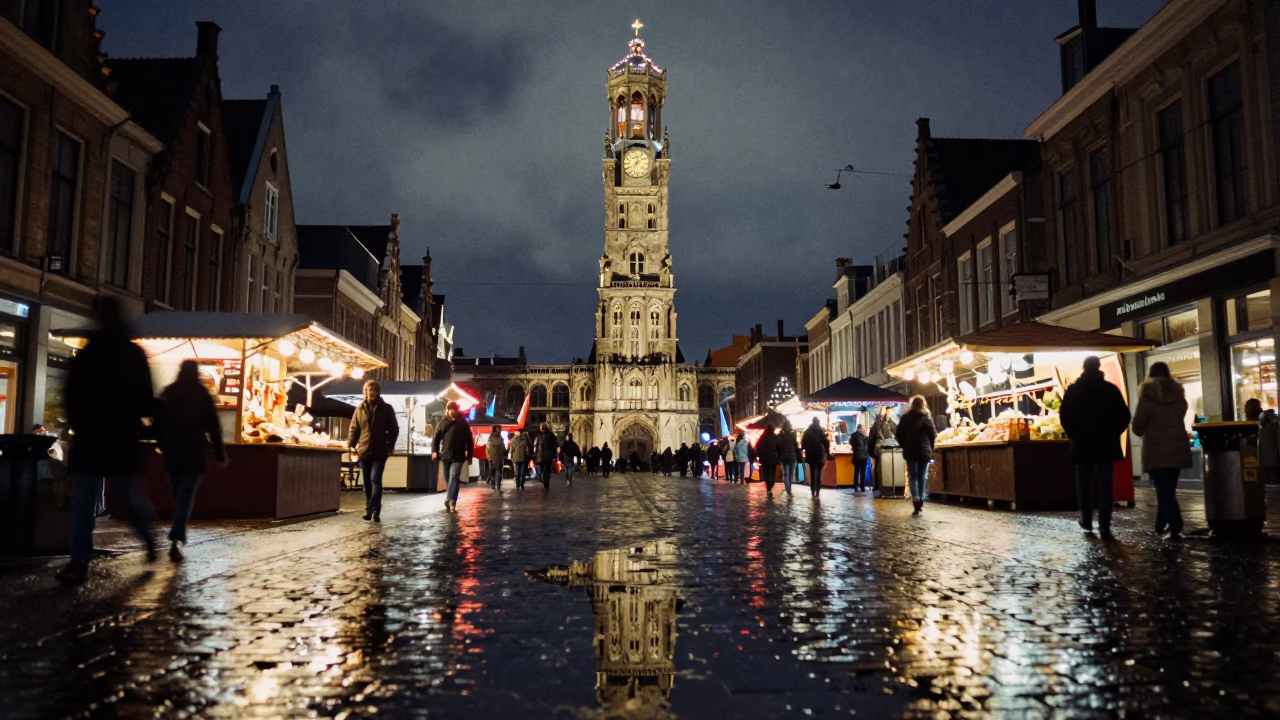 Neon Clock Tower Puddle Reflection Utrecht Winter in along a market-lined side street in Utrecht