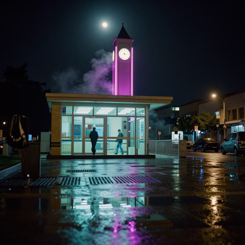 Neon Clock Tower Reflected in Khenifra Puddle in outside a metro entrance in Khenifra