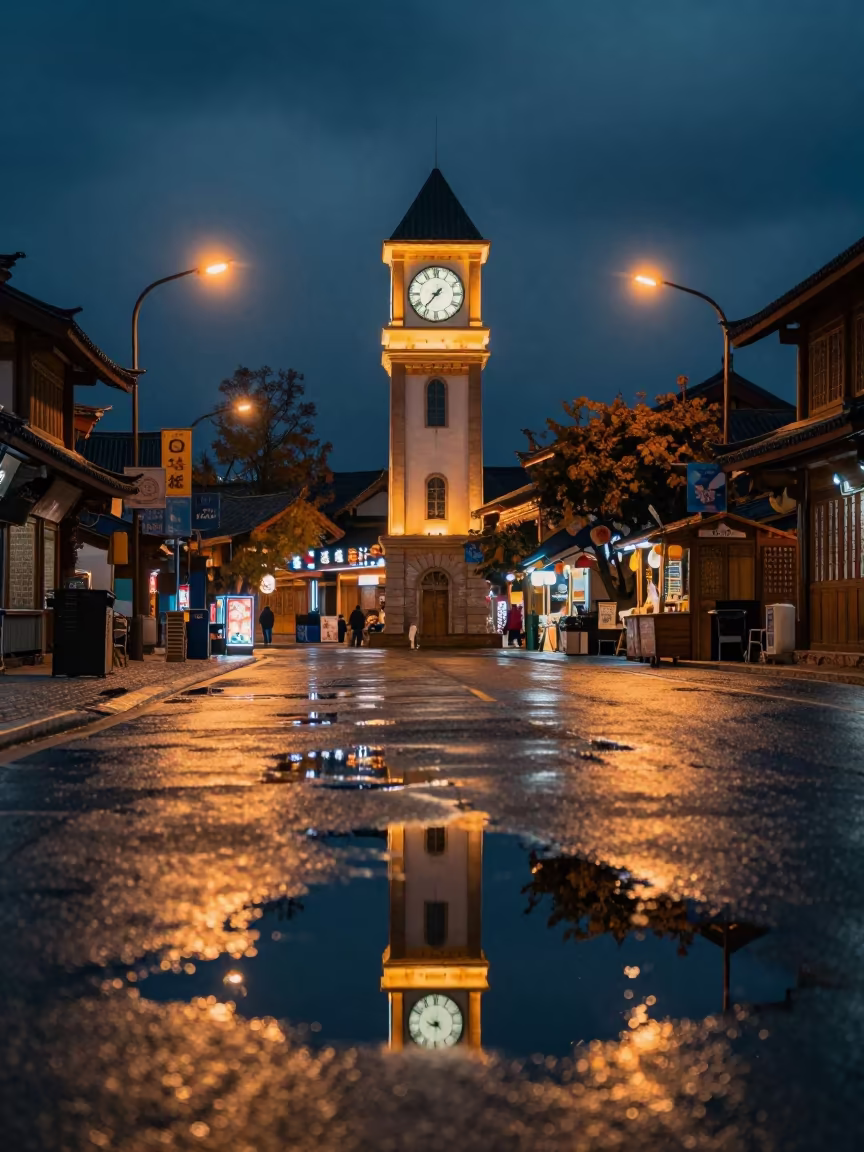 Neon Clock Tower Reflected in Lijiang Street Puddle in along a market-lined side street in Lijiang