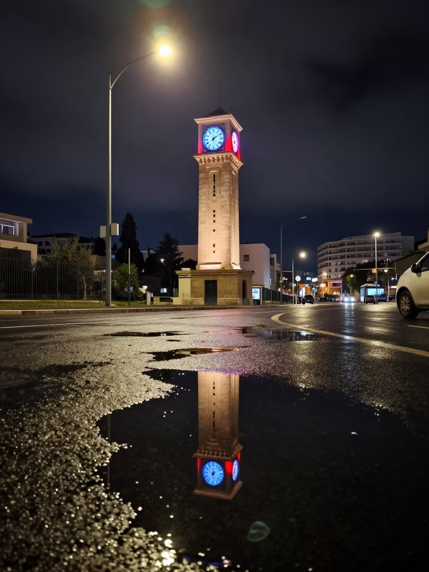 Neon Clock Tower Reflection in Nicosia Puddle in beneath a flickering underpass light in Nicosia