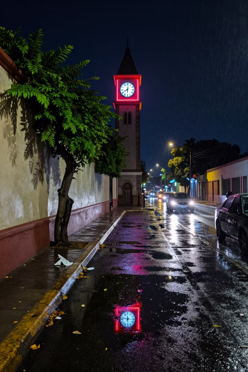 Neon Clock Tower Reflection in Tijuana Puddle in outside a corner cafe in Tijuana