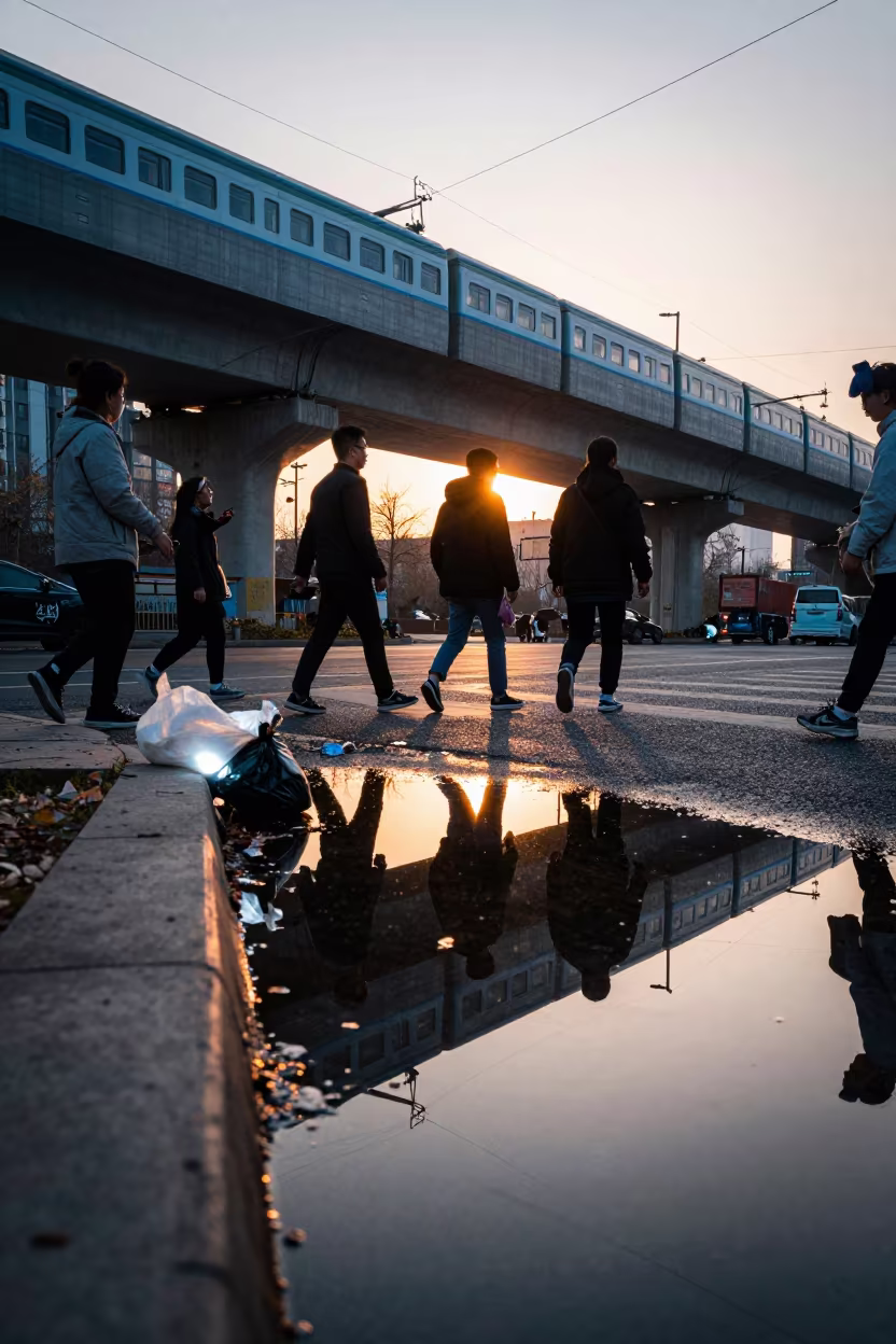 Neon Commuters Reflecting Under Zhengzhou Train Tracks in under an elevated train line in Zhengzhou