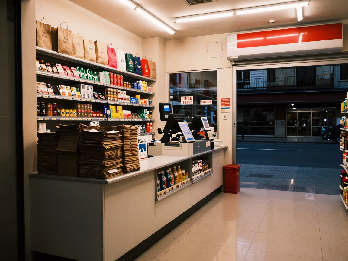 Neon Convenience Store Barcelona Counter in at a cash wrap counter with bags stacked nearby near Barcelona