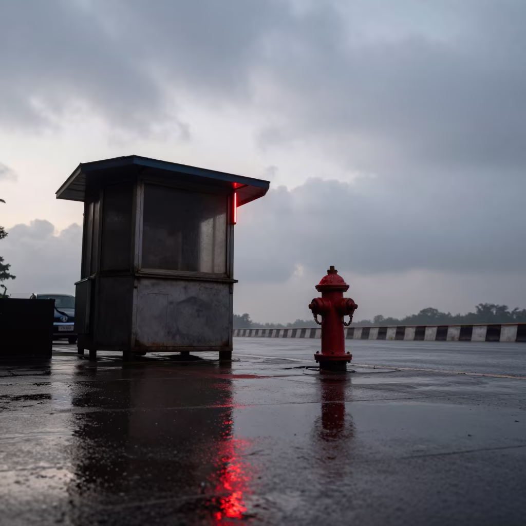 Neon Corner Delhi Dawn Wet Pavement in by a rain-darkened kiosk in Delhi