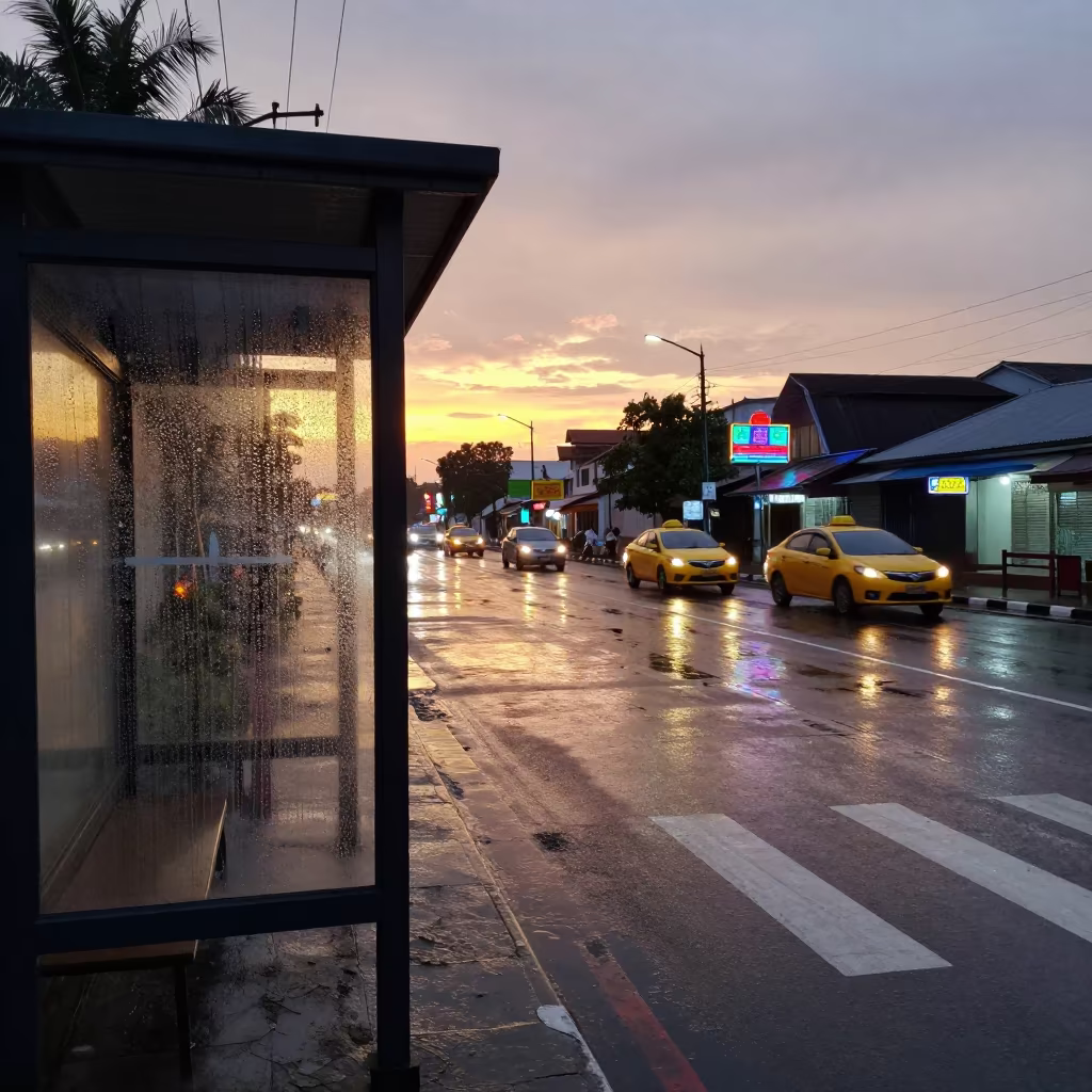 Neon Crosswalk Sunset Taxi Rain Myeik in beside a steamed-up bus shelter in Myeik