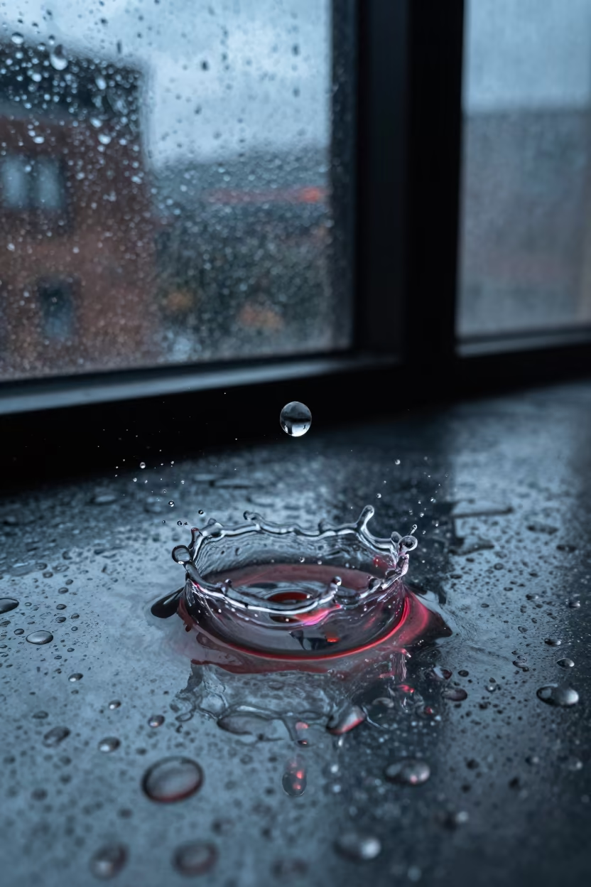 Neon Crown Splash on Rainy Metal in Tarapoto in across a rain-beaded metal surface near Tarapoto