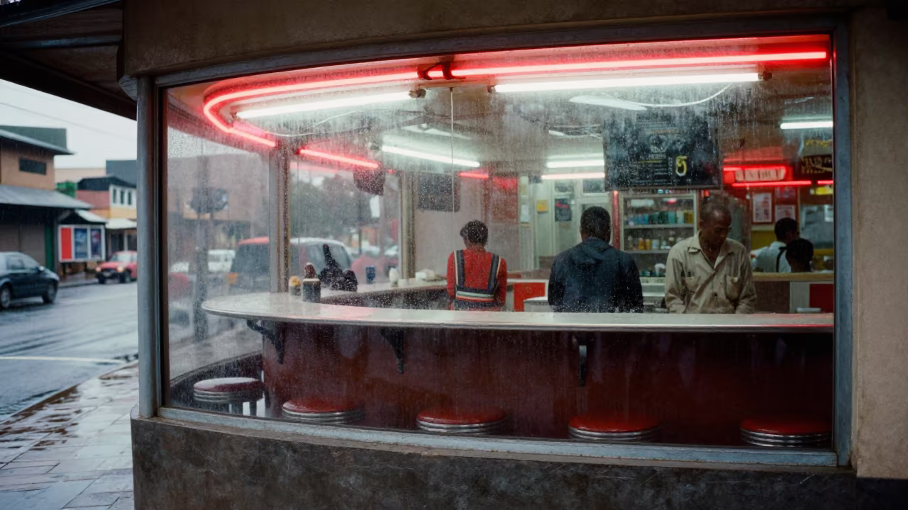 Neon Diner Counter Seen Through Rainy Window in outside a fluorescent convenience store in Kigali
