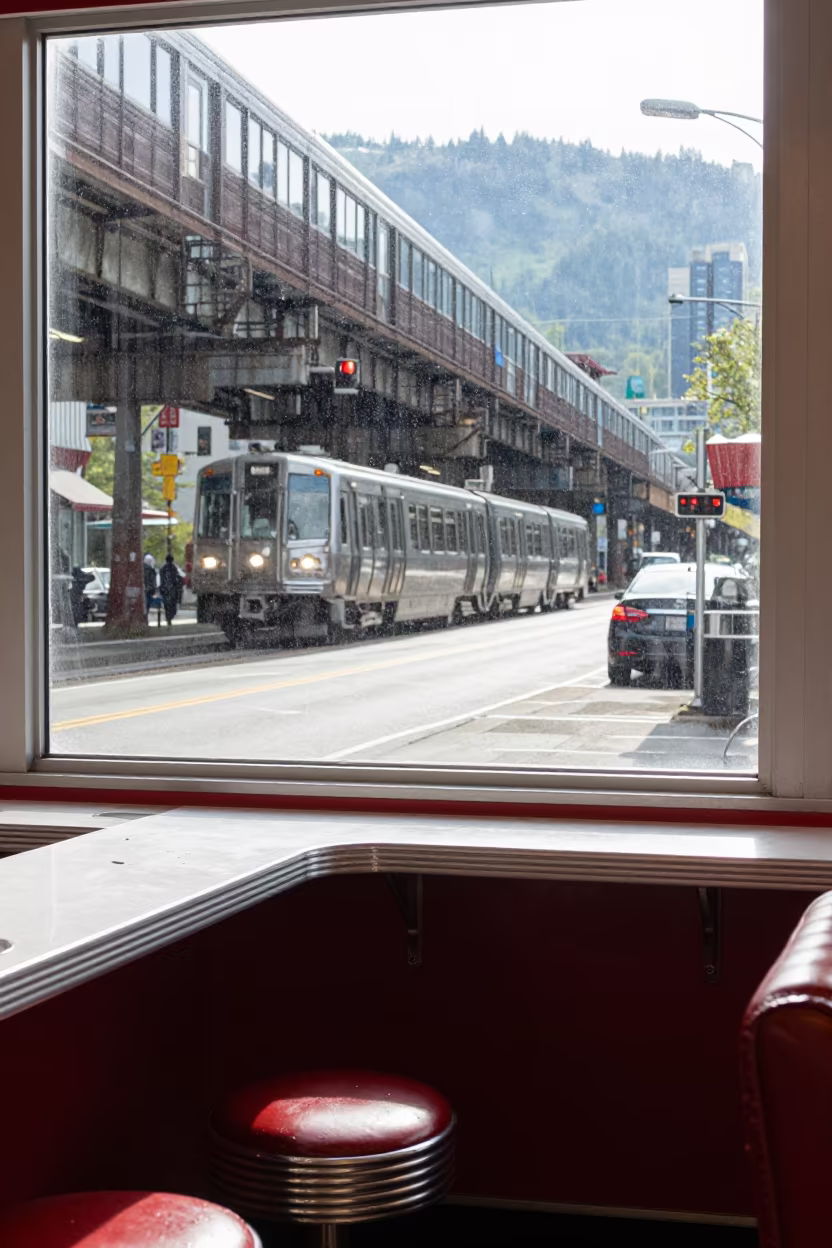 Neon Diner Counter View Through Foggy Window in under an elevated train line in Pioneer Square, Seattle
