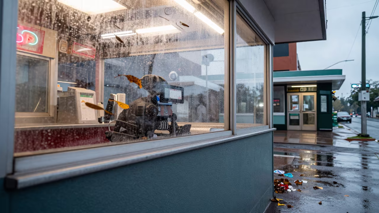 Neon Diner Through Rain Fog in outside a metro entrance in Mixco