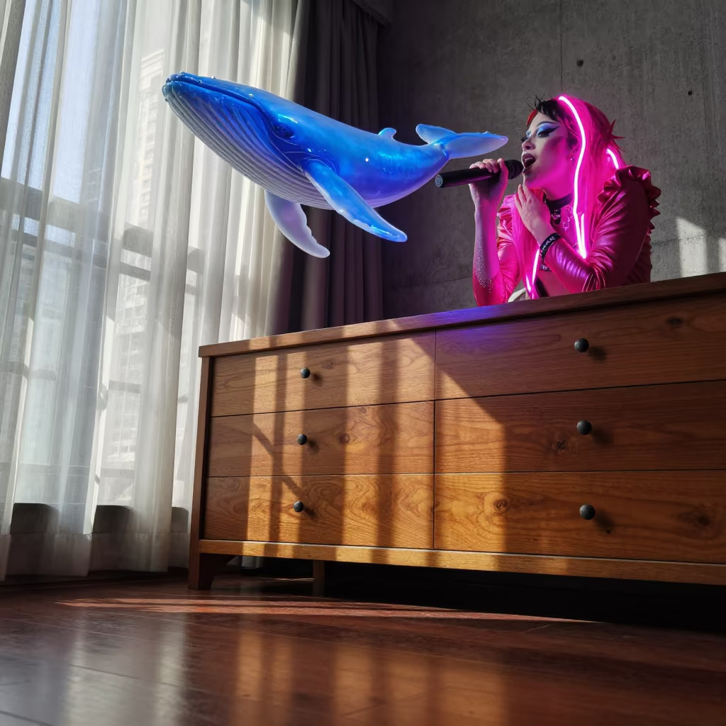 Neon Drag Performer and Blue Whale in Chengdu Room in on a hotel dresser in Jinli, Chengdu
