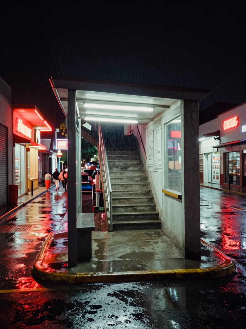 Neon Drizzle Bus Stop Staircase Surreal Matamoros in along a market-lined side street in Matamoros