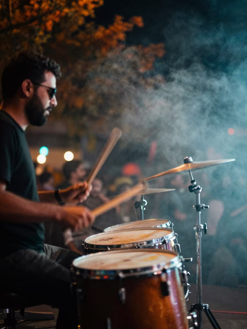 Neon Drum Sticks Blur Ghardaia Festival Night in on a festival main stage in Ghardaia