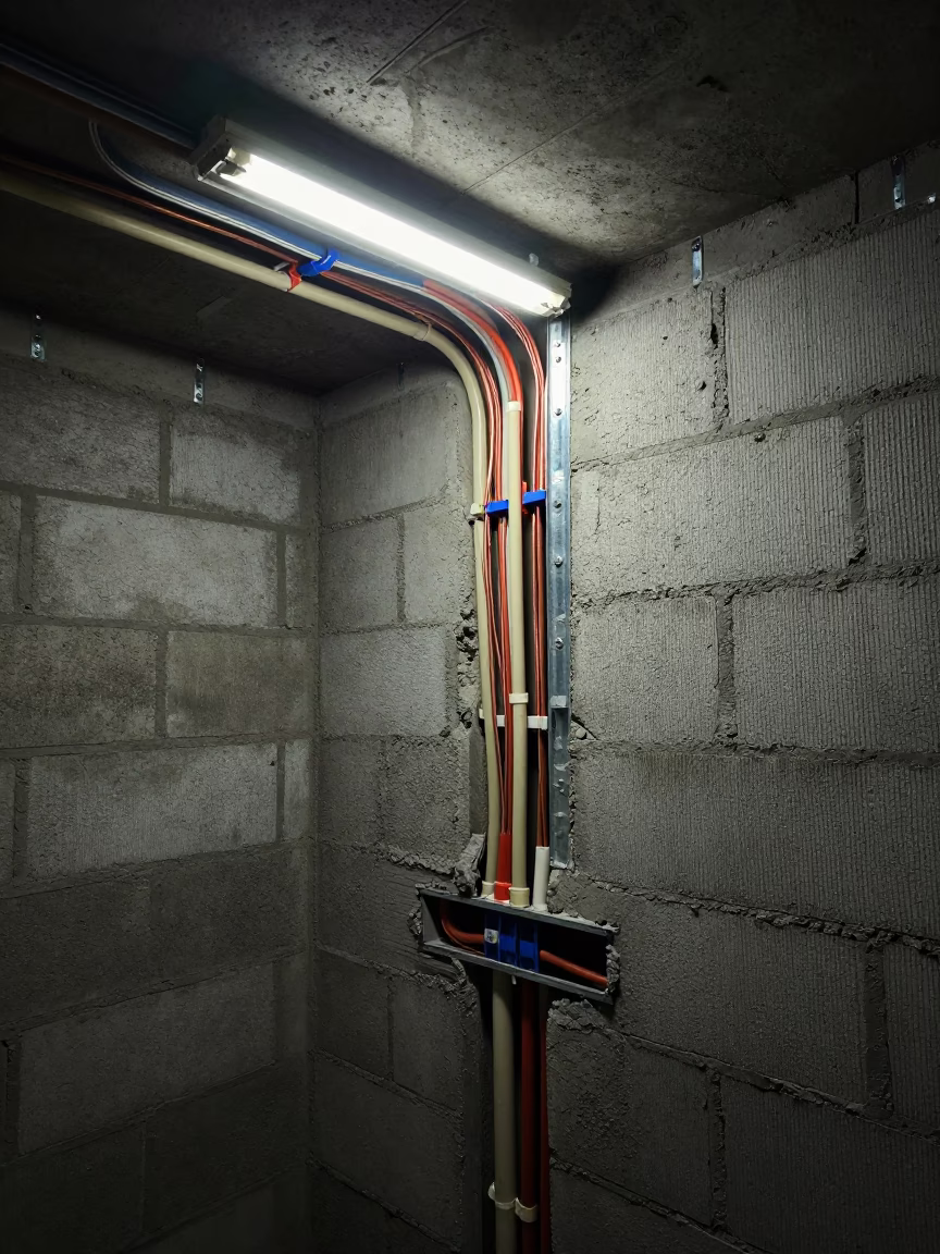 Neon-lit electrical rough-in wall in Kyrgyzstan mechanical room in in a mechanical room under buildout in Kyrgyzstan