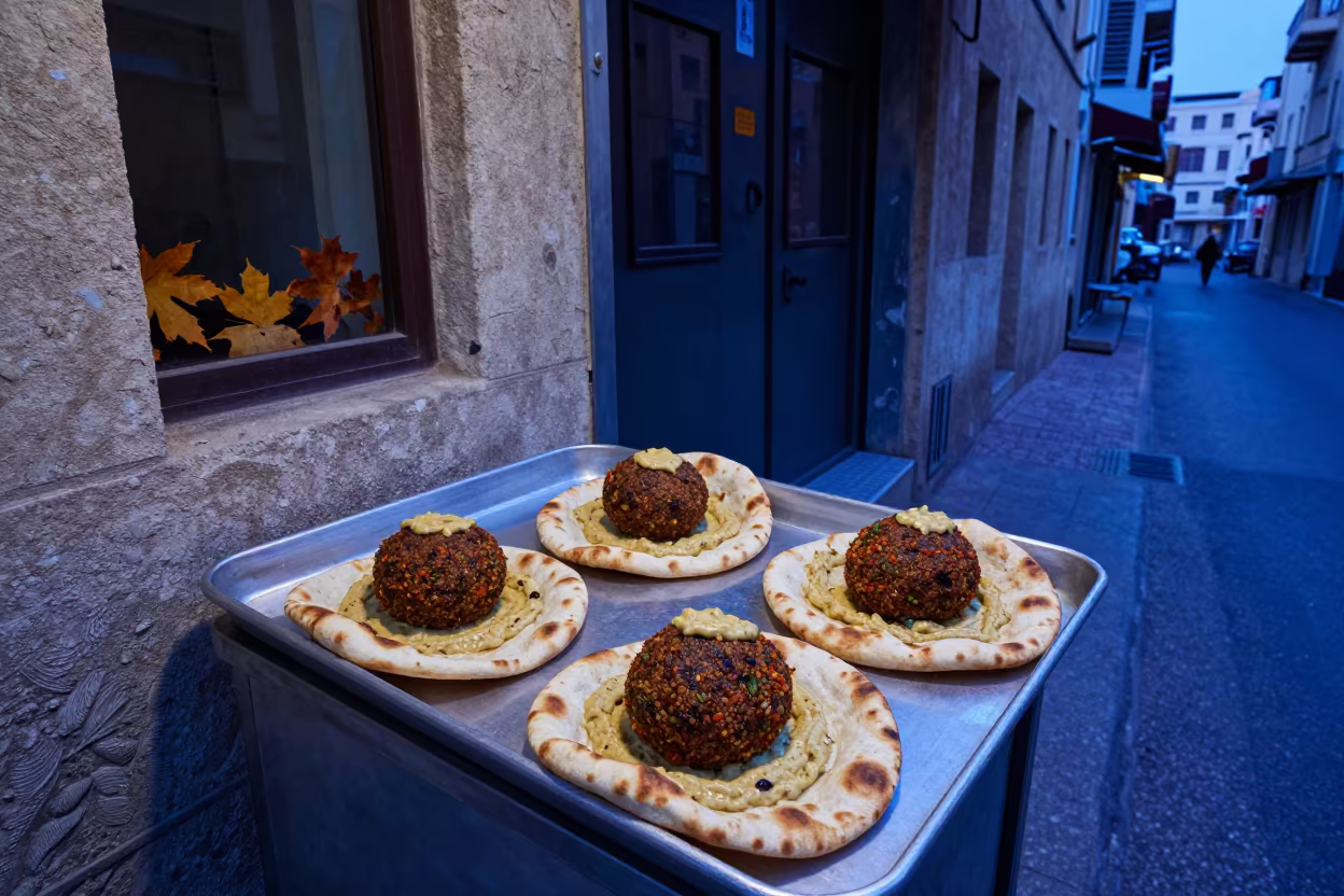 Neon Falafel Pita in Twilight Beirut Street Cart in at a street-food cart counter in Beirut