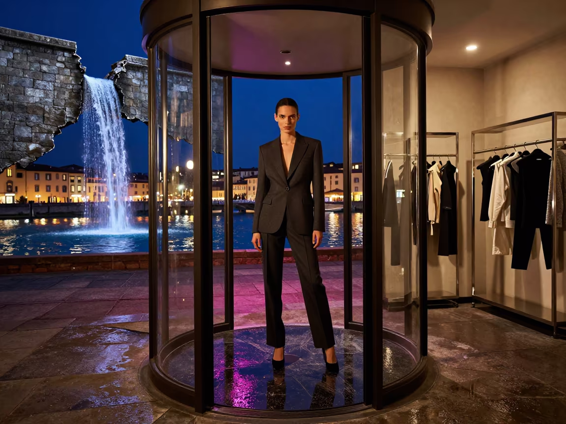 Neon Fashion Model Revolving Door Harbor Florence in against a wind-beaten harbor wall in Florence
