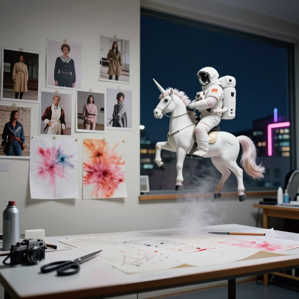 Neon Fashion Wall and Astronaut Unicorn in at a tailoring table strewn with chalk and shears in Barakaldo