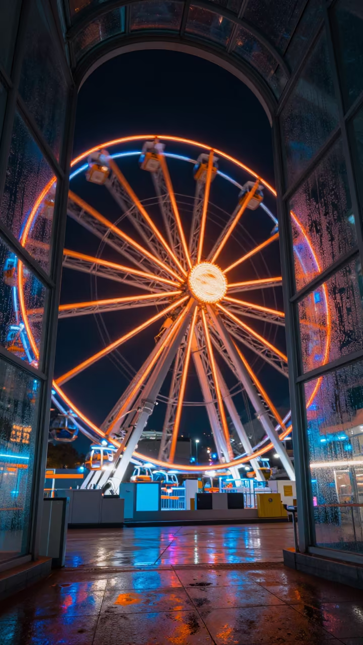 Neon Ferris Wheel Long Exposure Midnights in inside a vaulted atrium near Waterloo