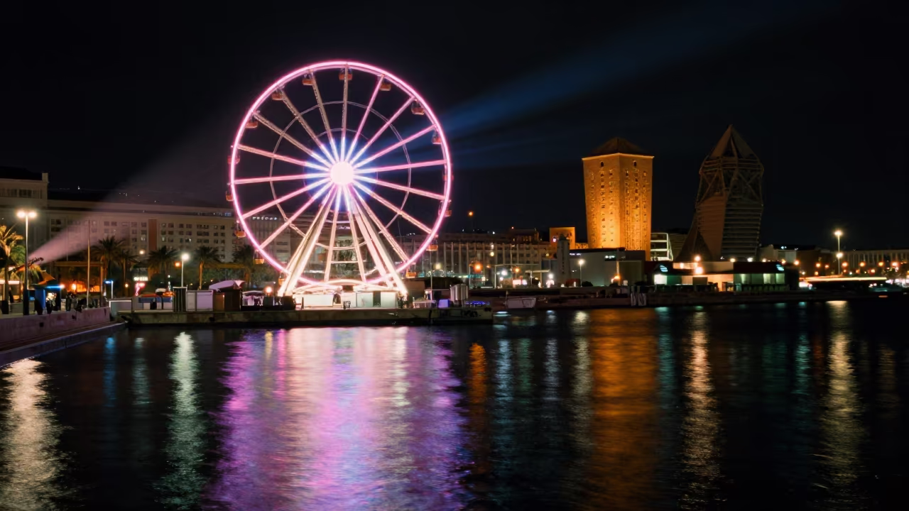Neon Ferris Wheel Reflection Barcelona Night in near Gothic Quarter, Barcelona
