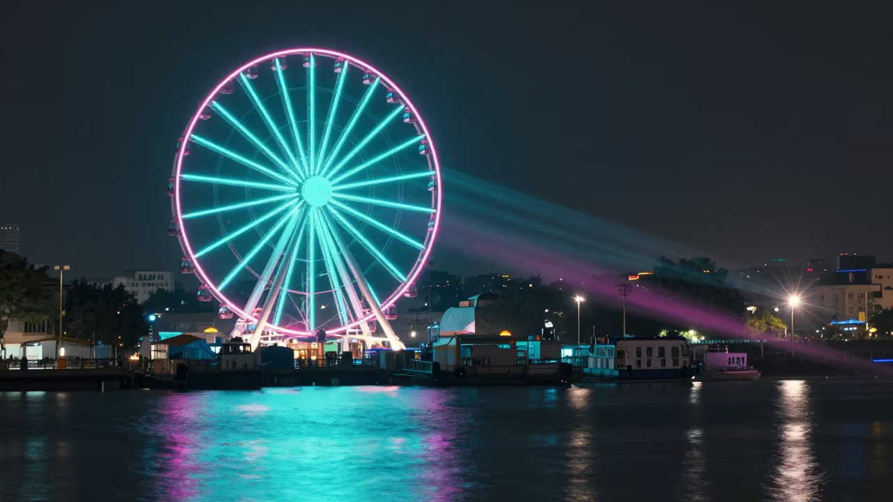 Neon Ferris Wheel Reflections Mumbai Harbor Night in near Mumbai