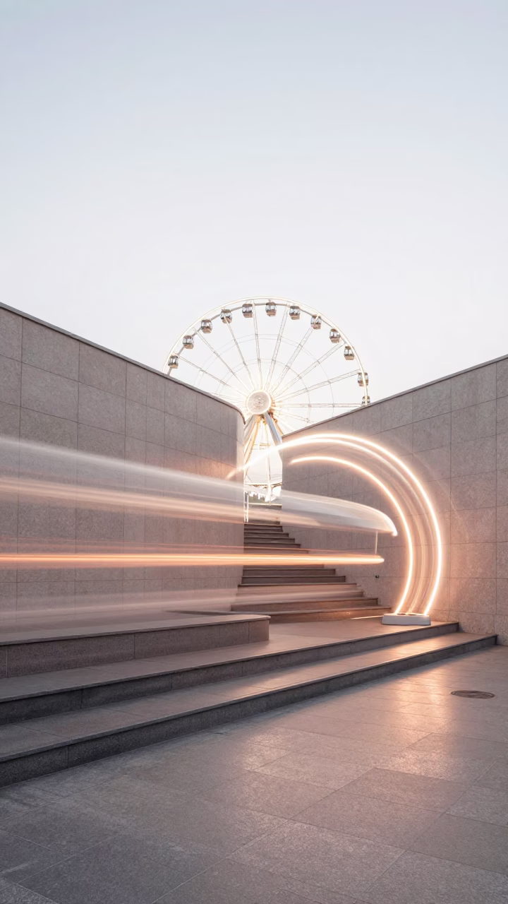 Neon Ferris Wheel Trails in Tbilisi Stair Hall in inside a tiled stair hall near Rustaveli, Tbilisi