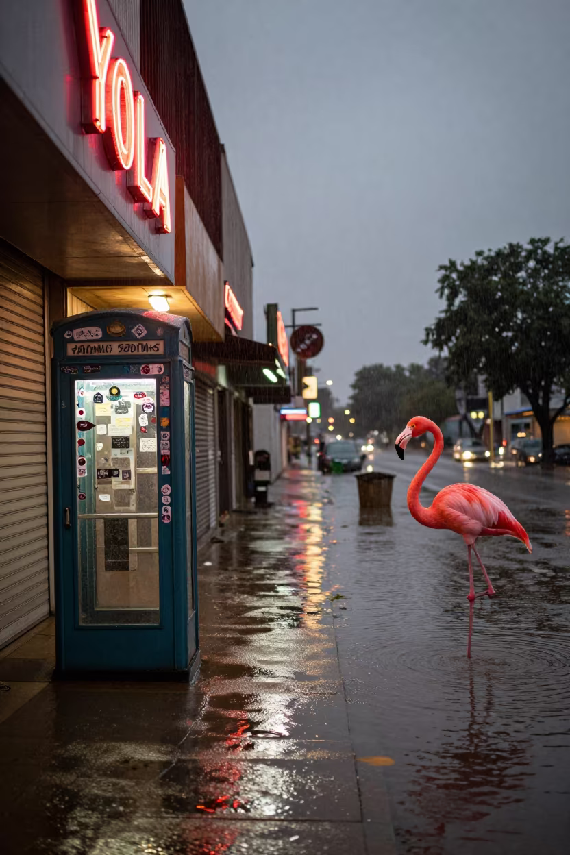 Neon Flamingo in Yola Street Rain in along a shuttered arcade in Yola
